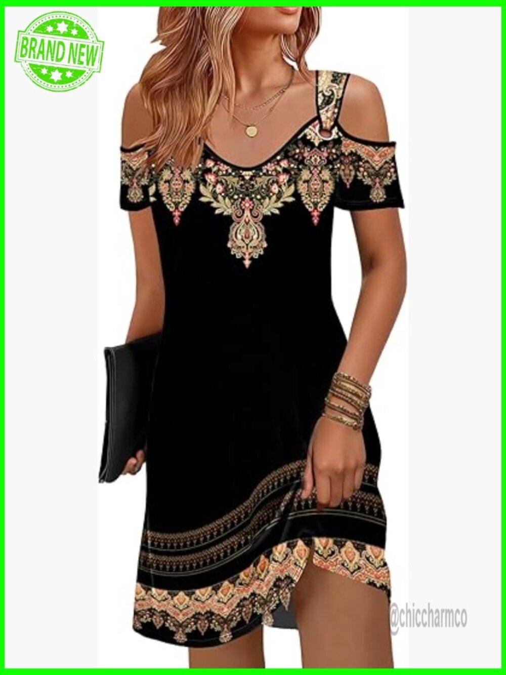 Cold Shoulder Summer Sundress with Pockets Crew Neck Knee-Length A-Line